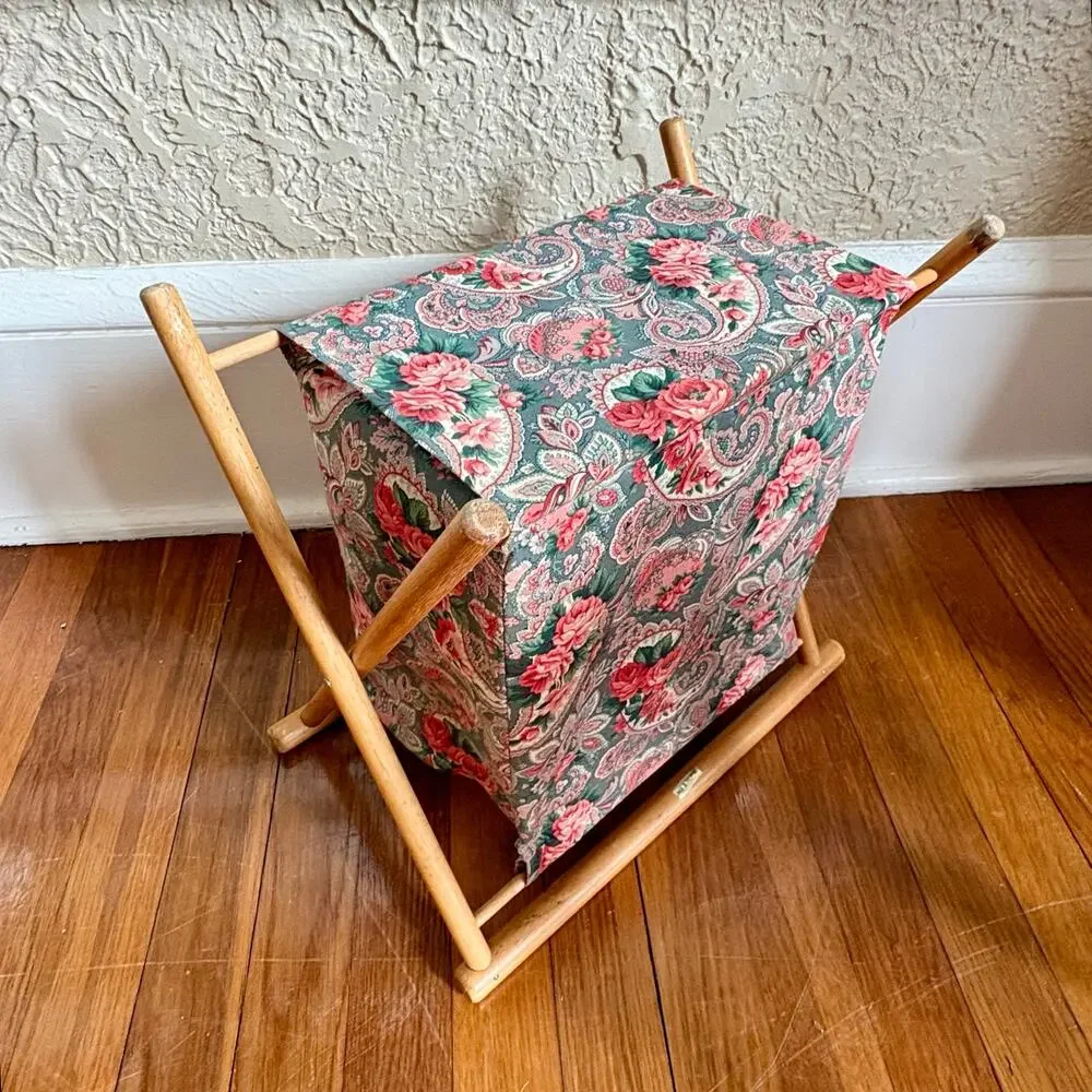 Vintage Folding Sewing Basket, Floral Fabric Wood Frame Tote